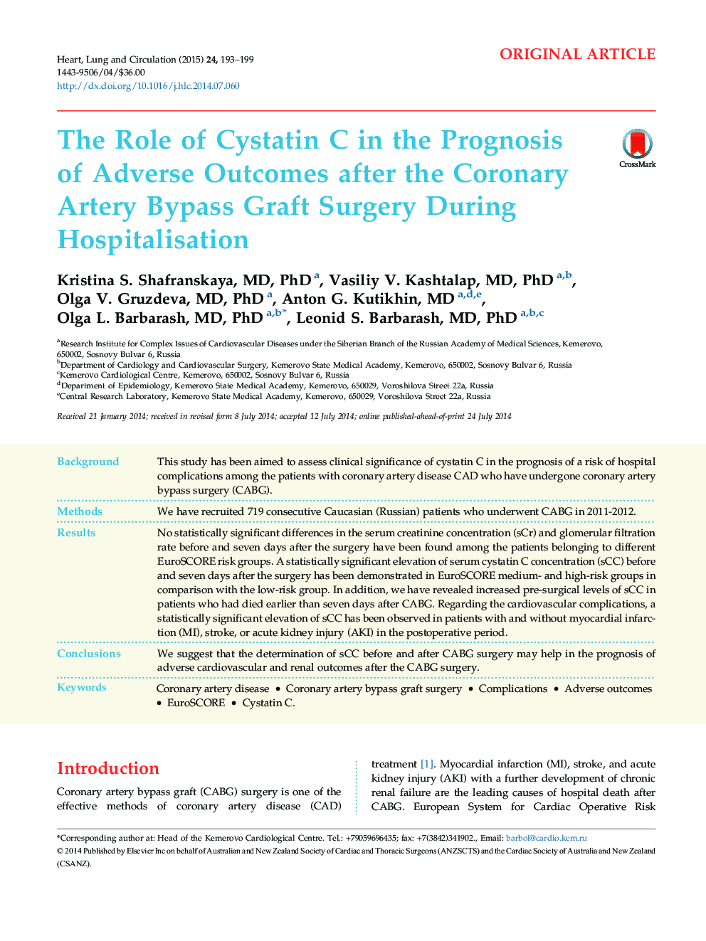 The Role of Cystatin C in the Prognosis of Adverse Outcomes after the Coronary Artery Bypass Graft Surgery During Hospitalisation