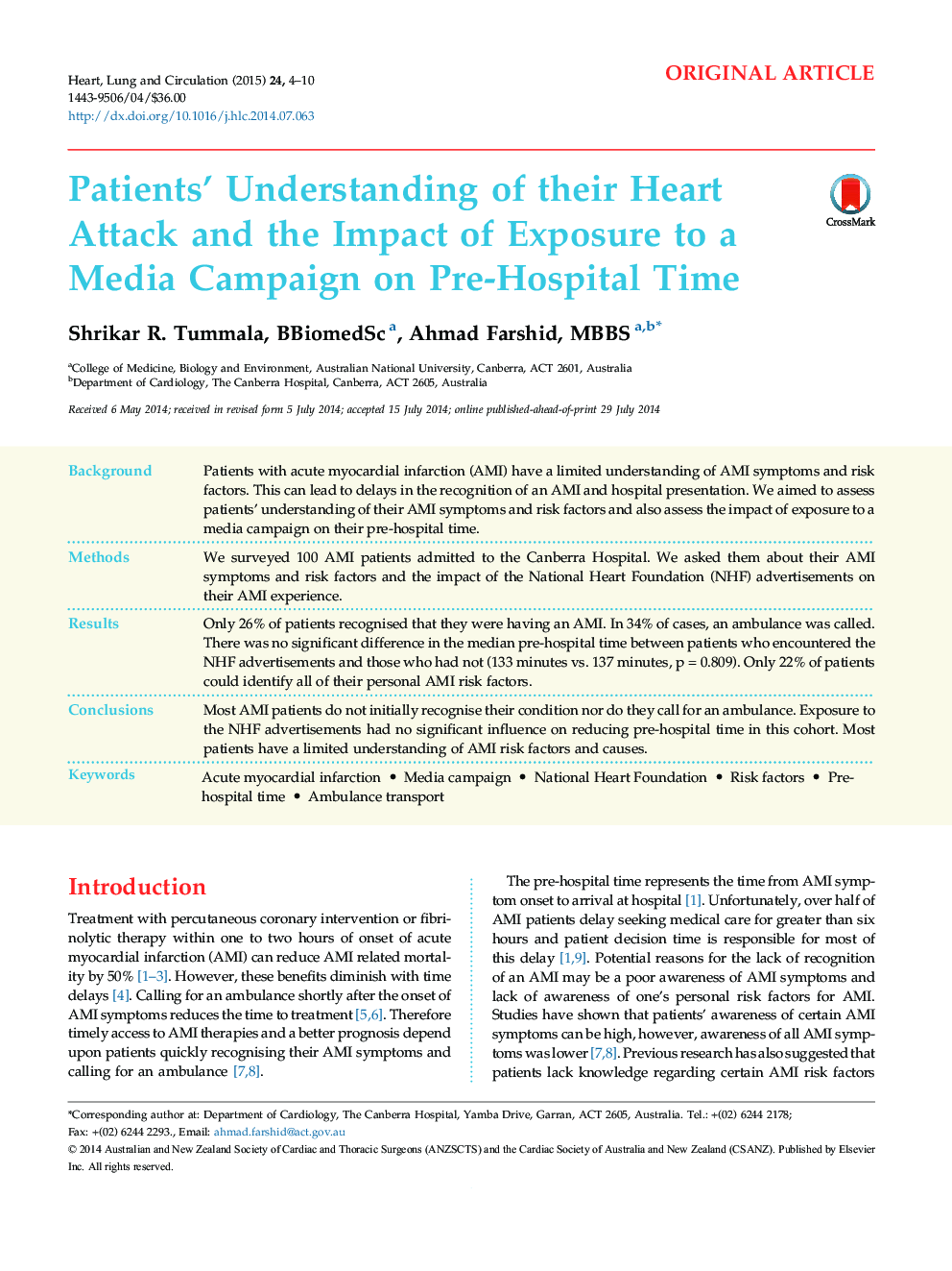 Patients’ Understanding of their Heart Attack and the Impact of Exposure to a Media Campaign on Pre-Hospital Time