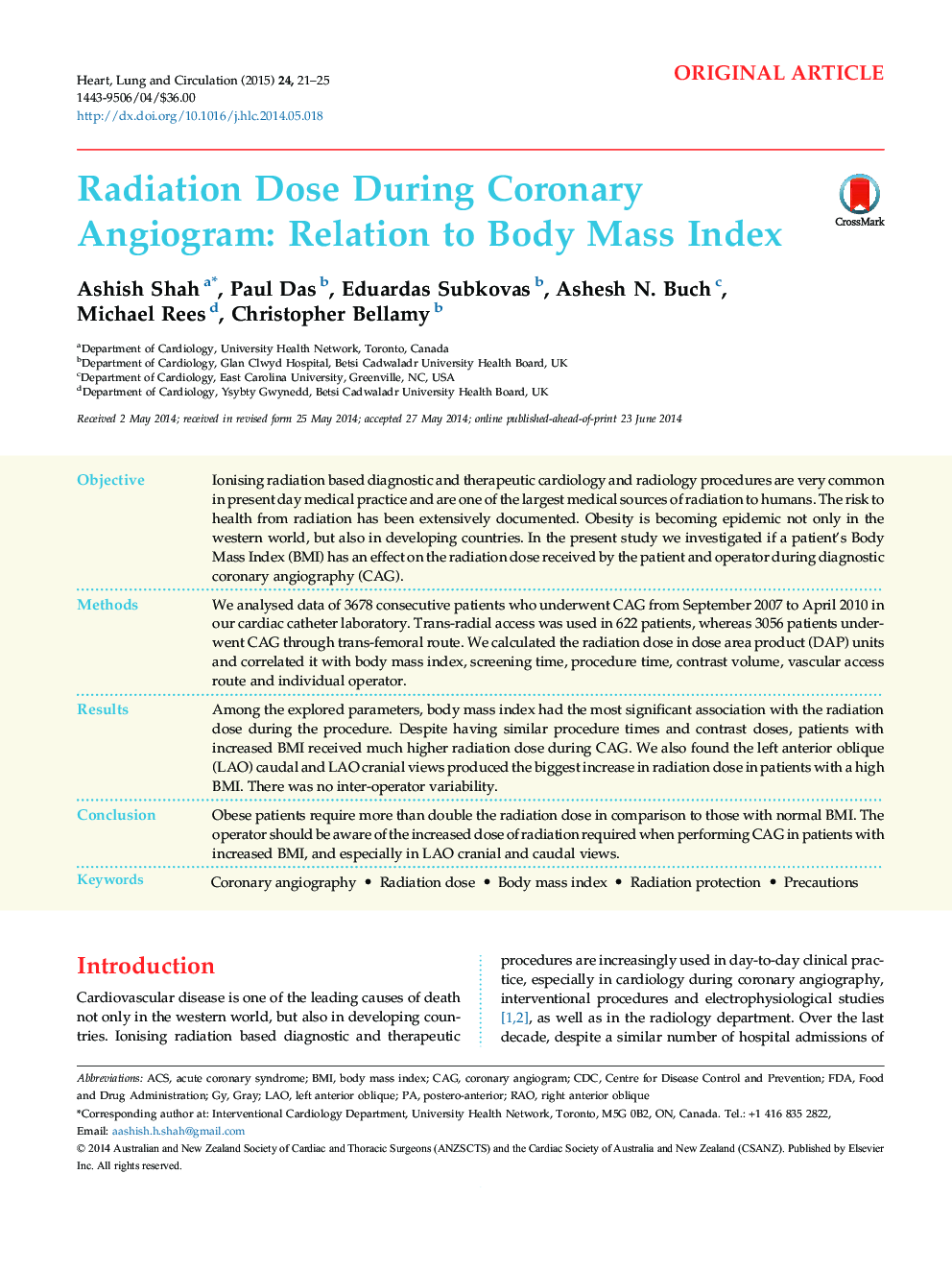 Radiation Dose During Coronary Angiogram: Relation to Body Mass Index