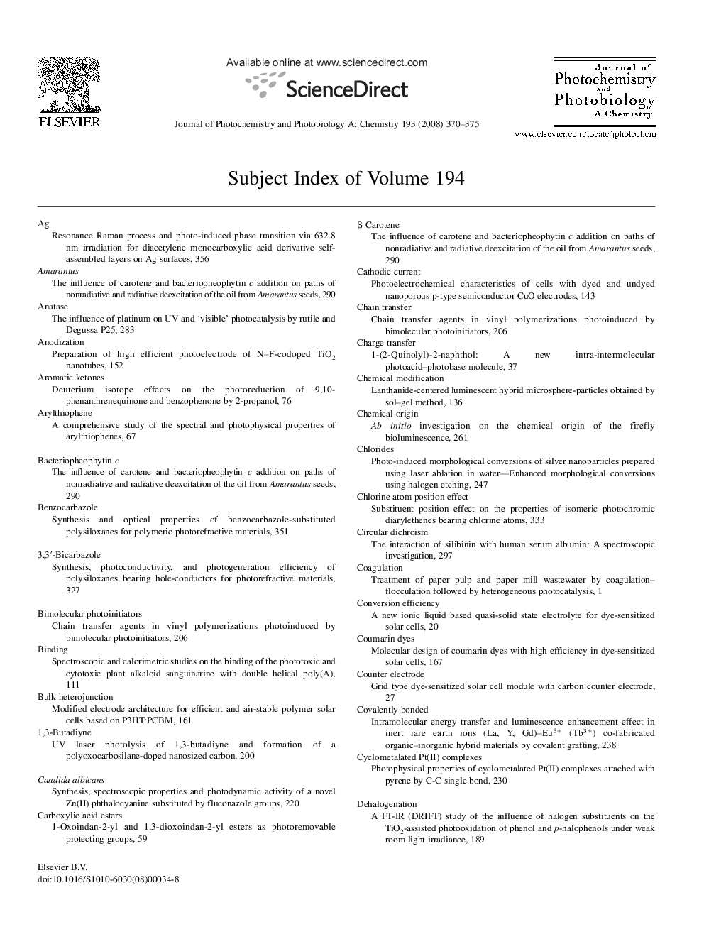 Subject Index of Volume 194