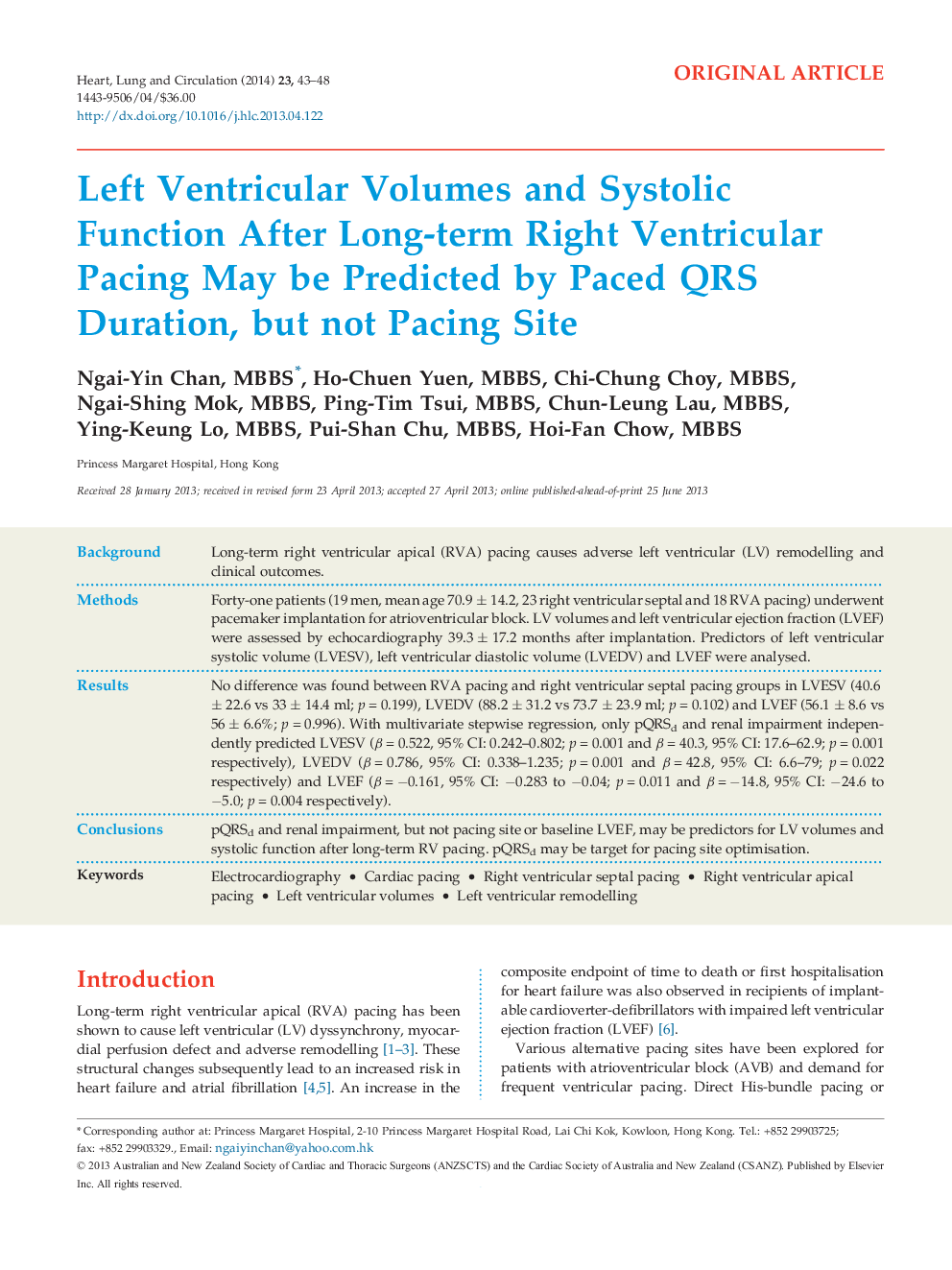 Left Ventricular Volumes and Systolic Function After Long-term Right Ventricular Pacing May be Predicted by Paced QRS Duration, but not Pacing Site