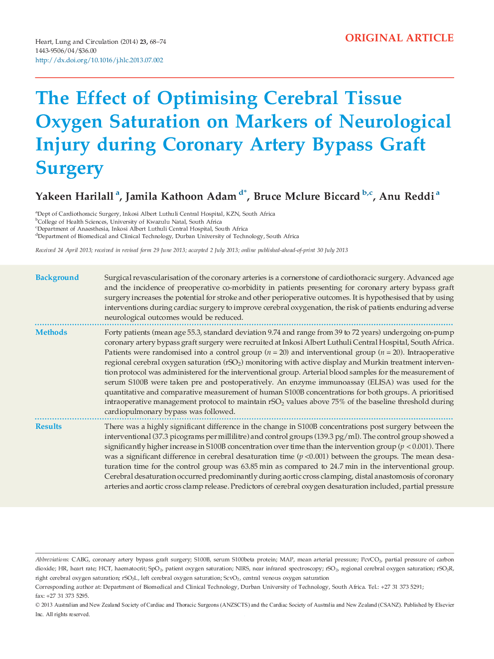 The Effect of Optimising Cerebral Tissue Oxygen Saturation on Markers of Neurological Injury during Coronary Artery Bypass Graft Surgery
