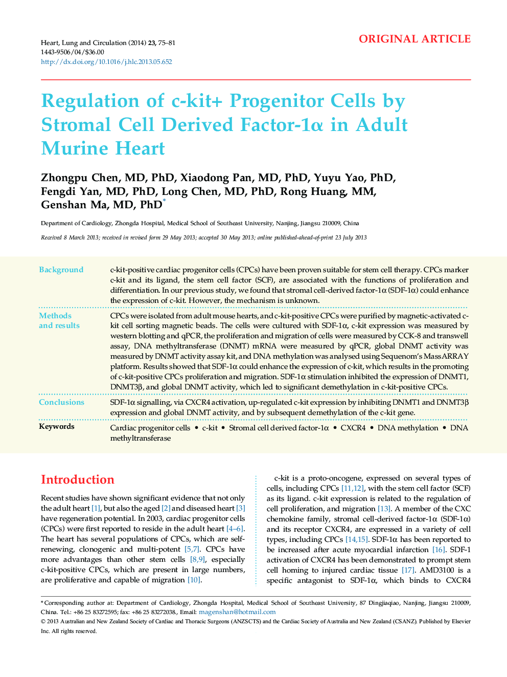 Regulation of c-kit+ Progenitor Cells by Stromal Cell Derived Factor-1α in Adult Murine Heart