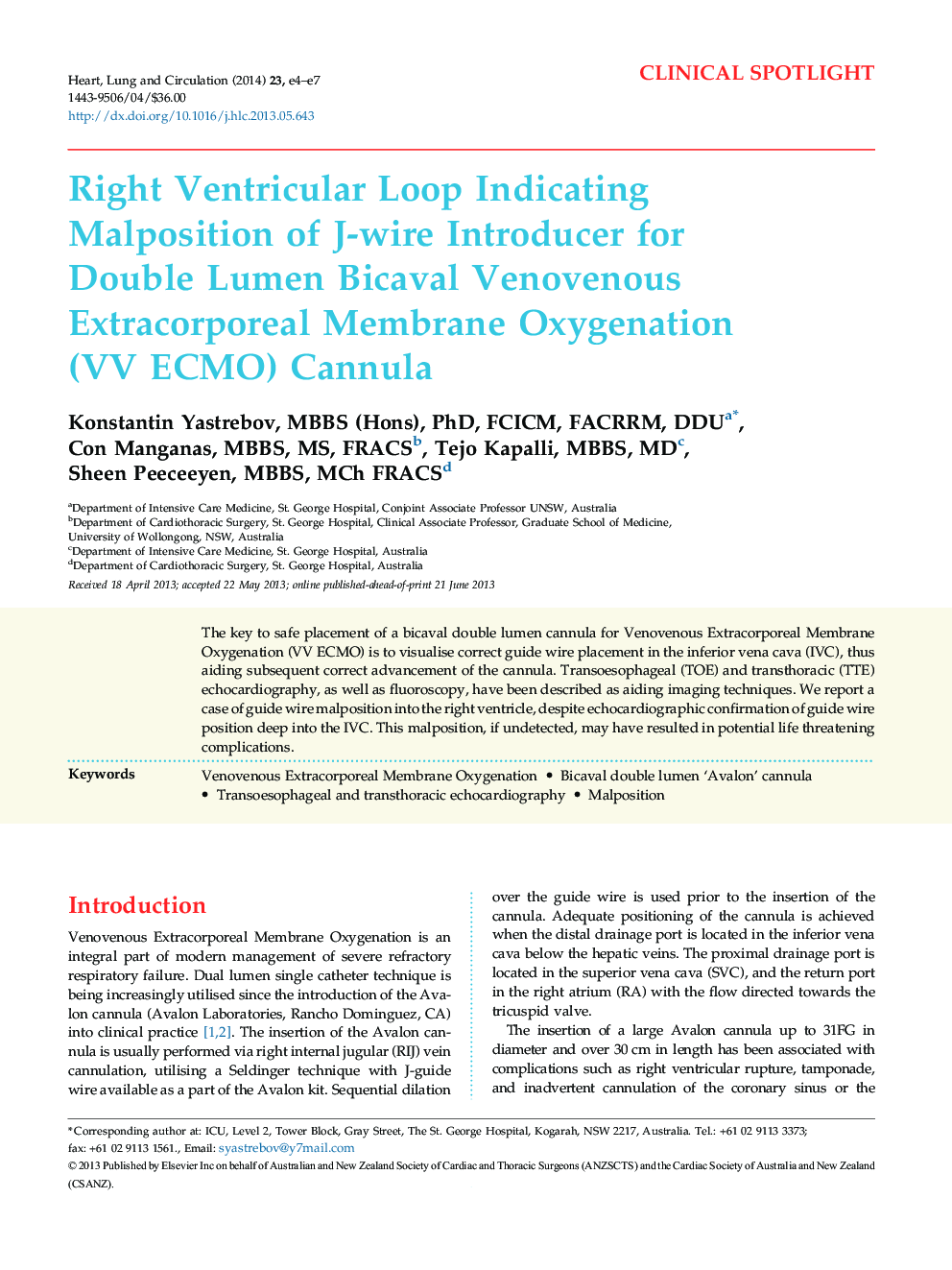 Right Ventricular Loop Indicating Malposition of J-wire Introducer for Double Lumen Bicaval Venovenous Extracorporeal Membrane Oxygenation (VV ECMO) Cannula