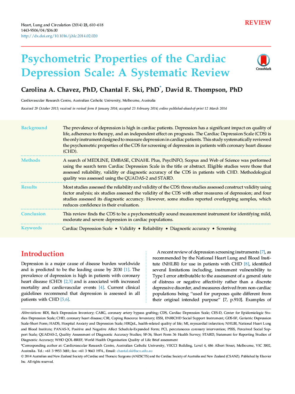 Psychometric Properties of the Cardiac Depression Scale: A Systematic Review