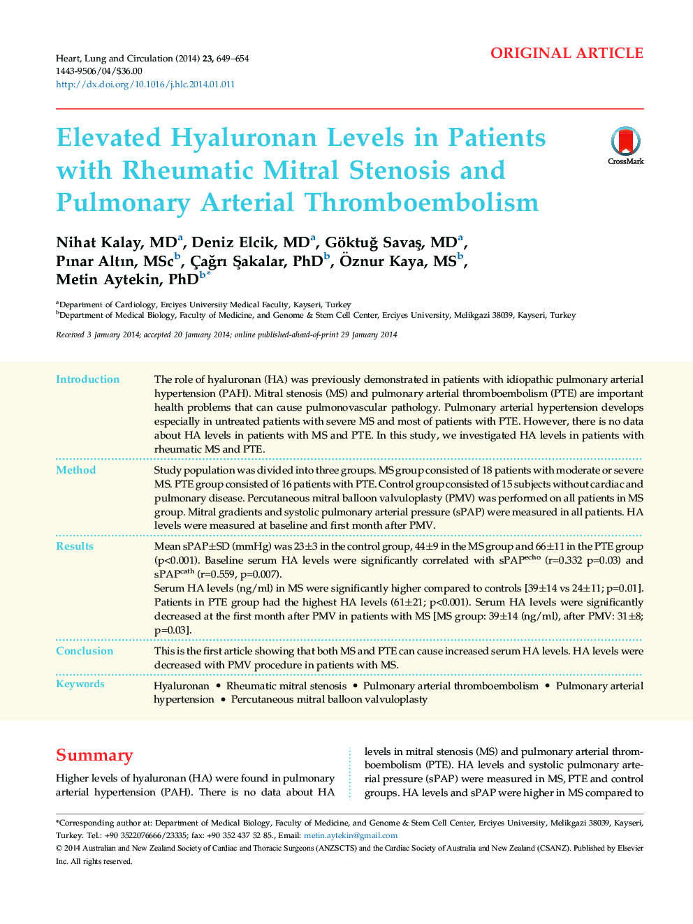 Elevated Hyaluronan Levels in Patients with Rheumatic Mitral Stenosis and Pulmonary Arterial Thromboembolism