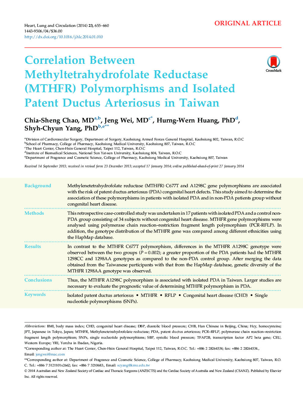 Correlation Between Methyltetrahydrofolate Reductase (MTHFR) Polymorphisms and Isolated Patent Ductus Arteriosus in Taiwan