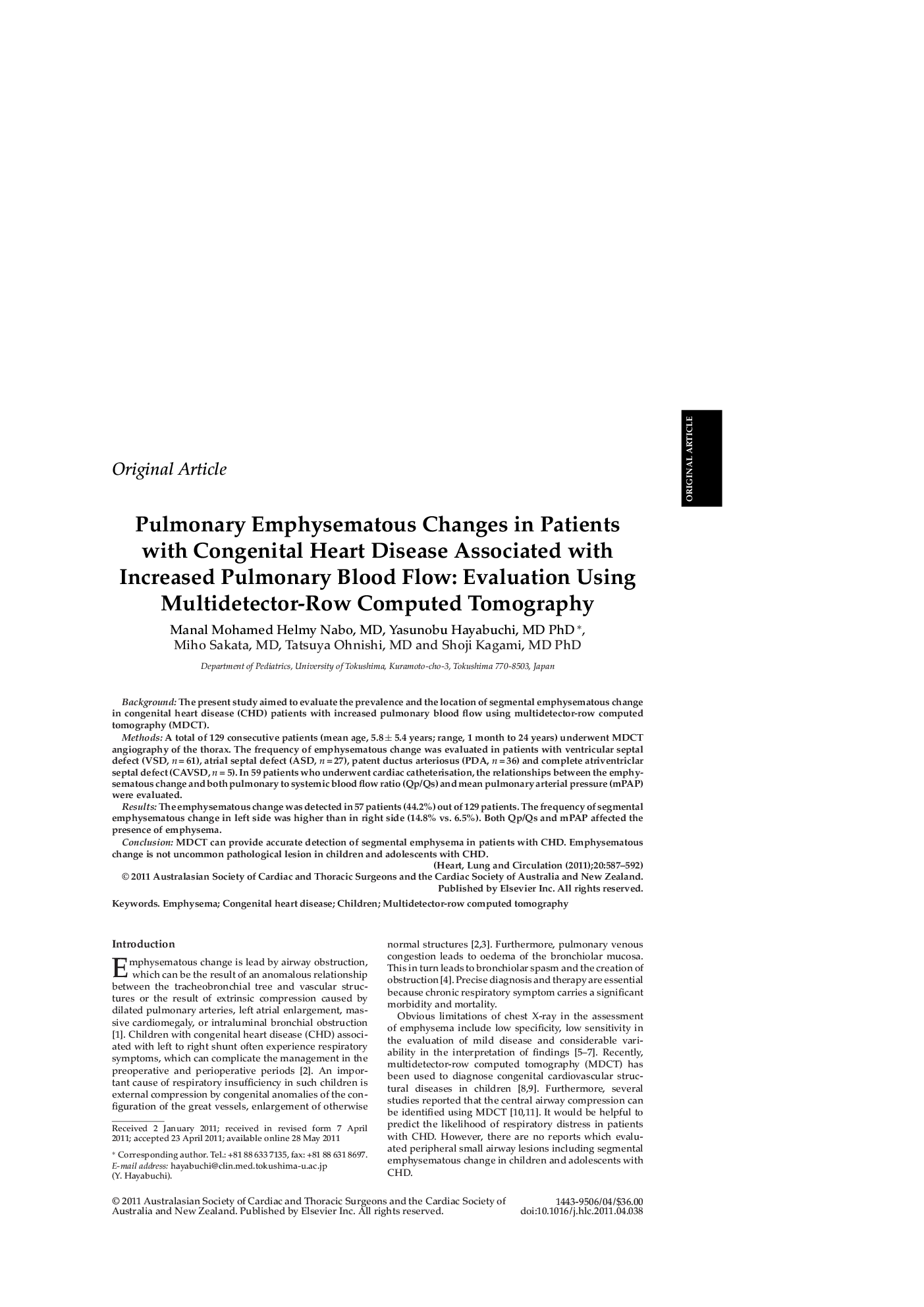 Pulmonary Emphysematous Changes in Patients with Congenital Heart Disease Associated with Increased Pulmonary Blood Flow: Evaluation Using Multidetector-Row Computed Tomography