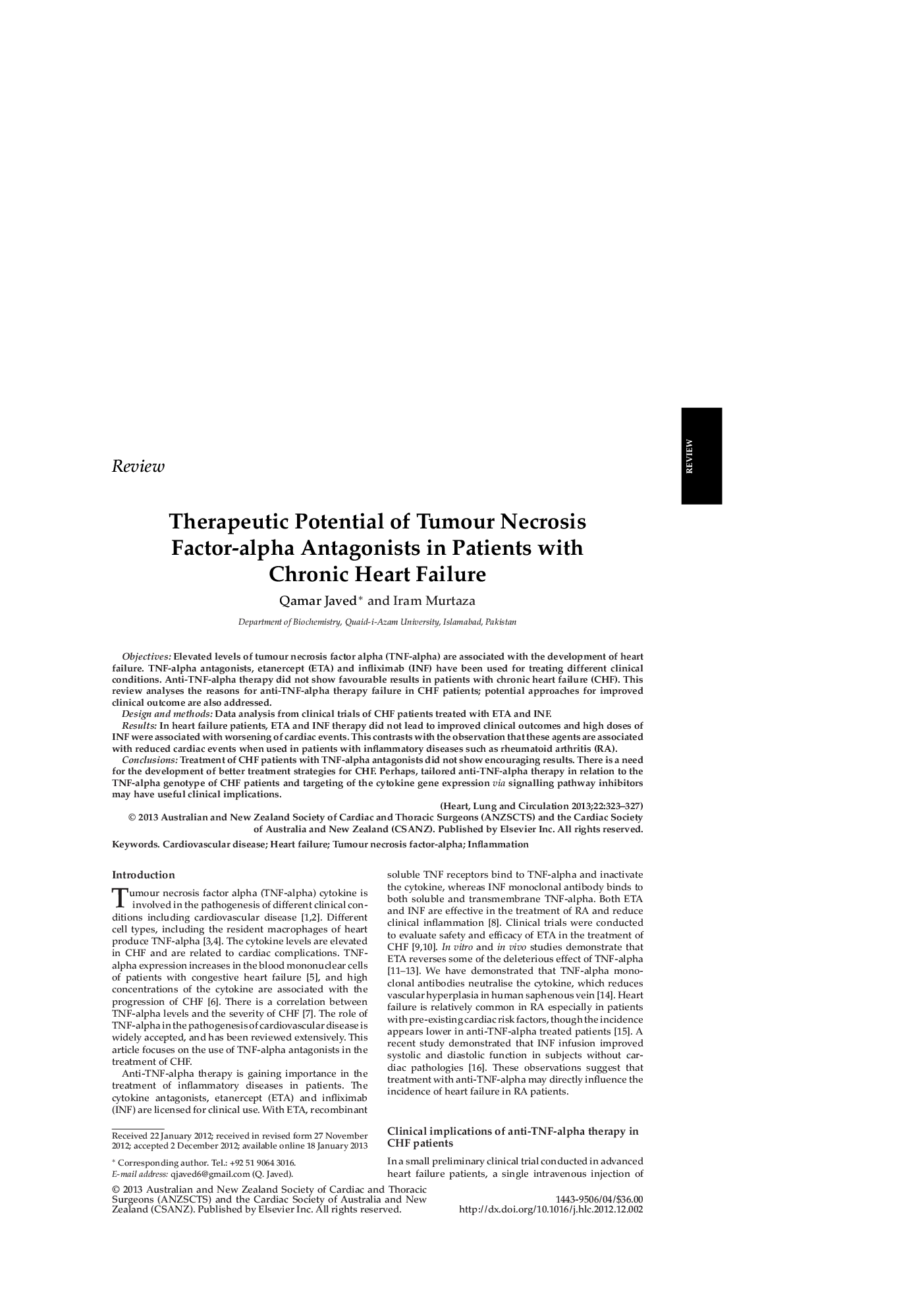 Therapeutic Potential of Tumour Necrosis Factor-alpha Antagonists in Patients with Chronic Heart Failure