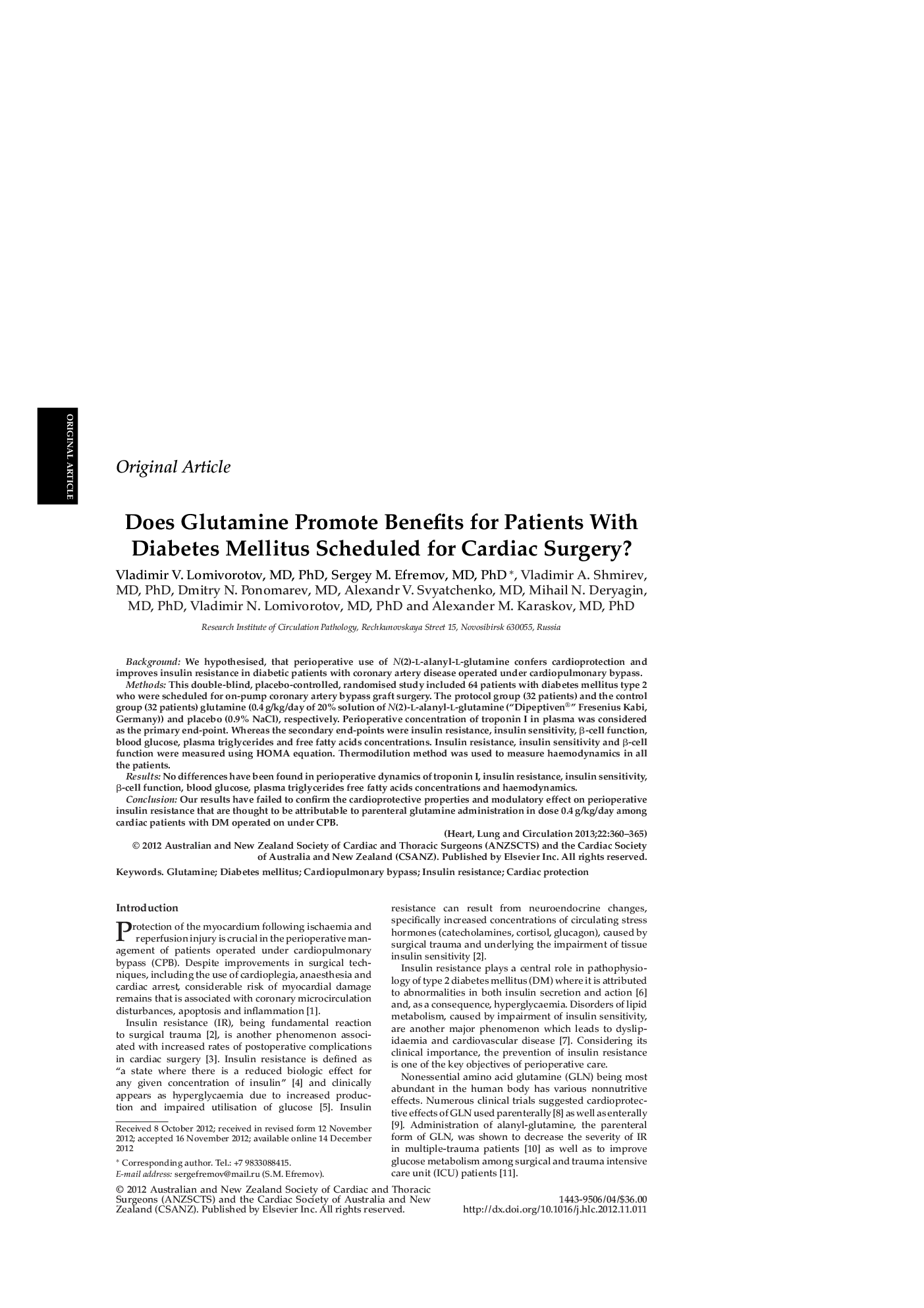 Does Glutamine Promote Benefits for Patients With Diabetes Mellitus Scheduled for Cardiac Surgery?