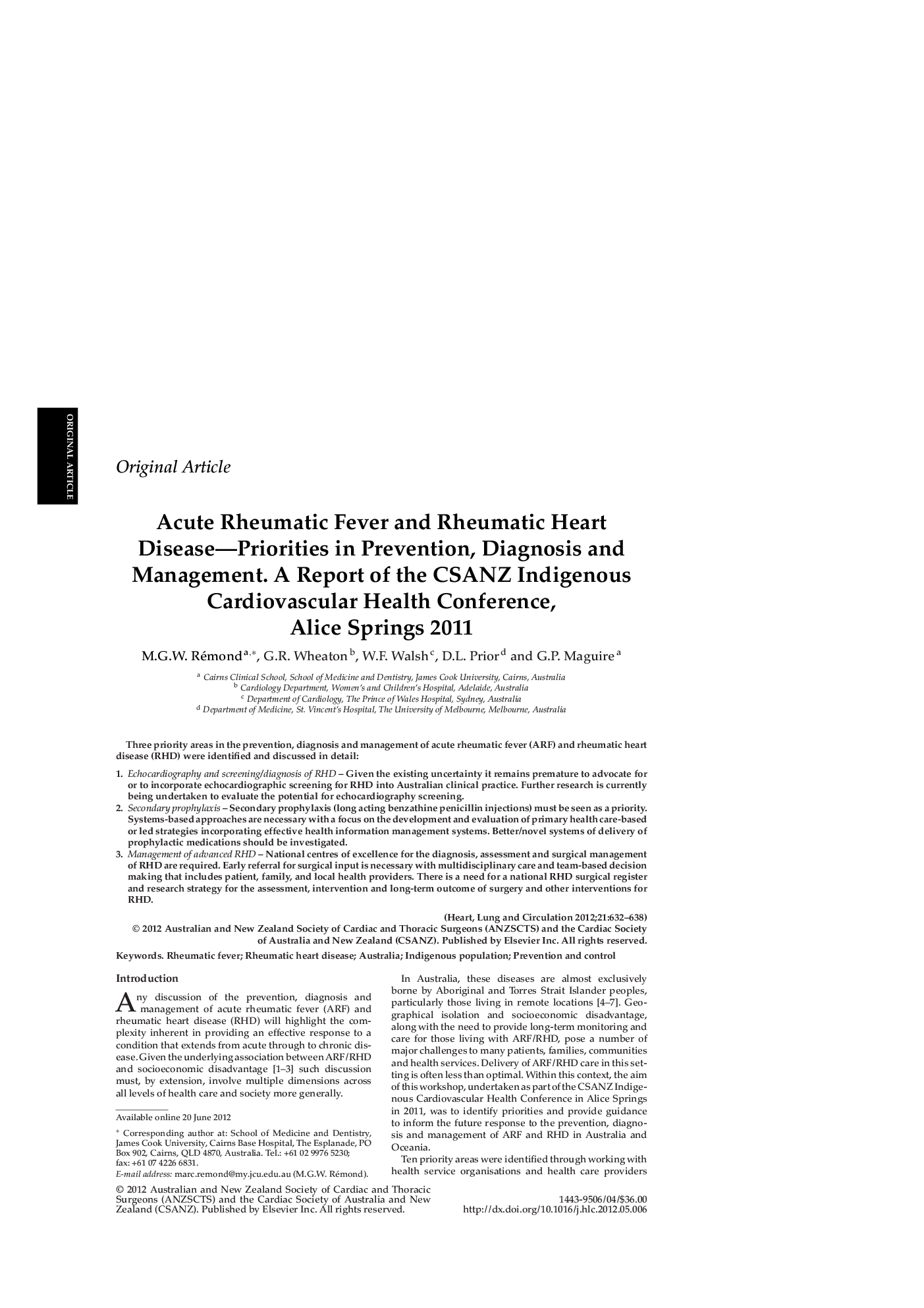 Acute Rheumatic Fever and Rheumatic Heart Disease—Priorities in Prevention, Diagnosis and Management. A Report of the CSANZ Indigenous Cardiovascular Health Conference, Alice Springs 2011