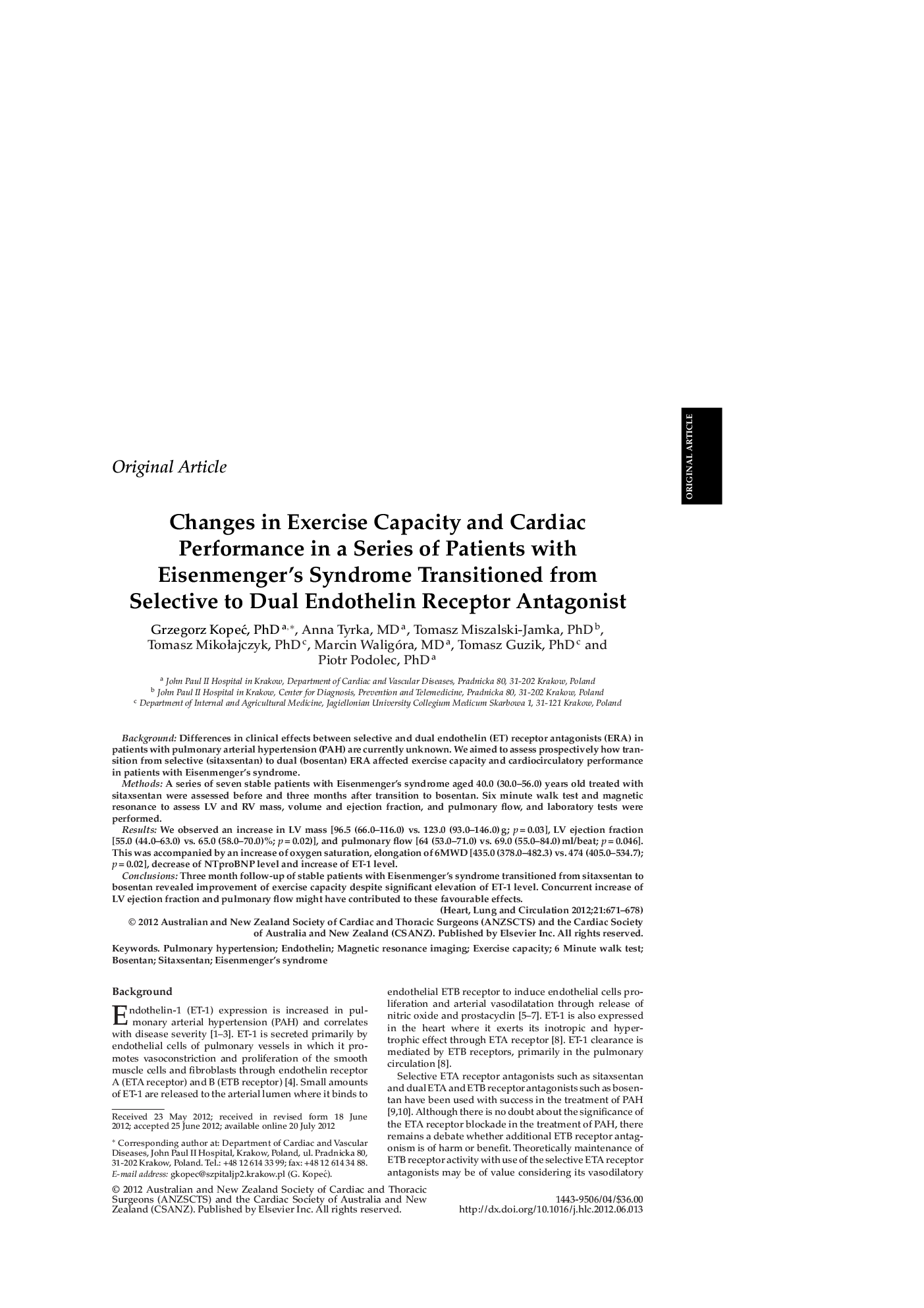 Changes in Exercise Capacity and Cardiac Performance in a Series of Patients with Eisenmenger's Syndrome Transitioned from Selective to Dual Endothelin Receptor Antagonist