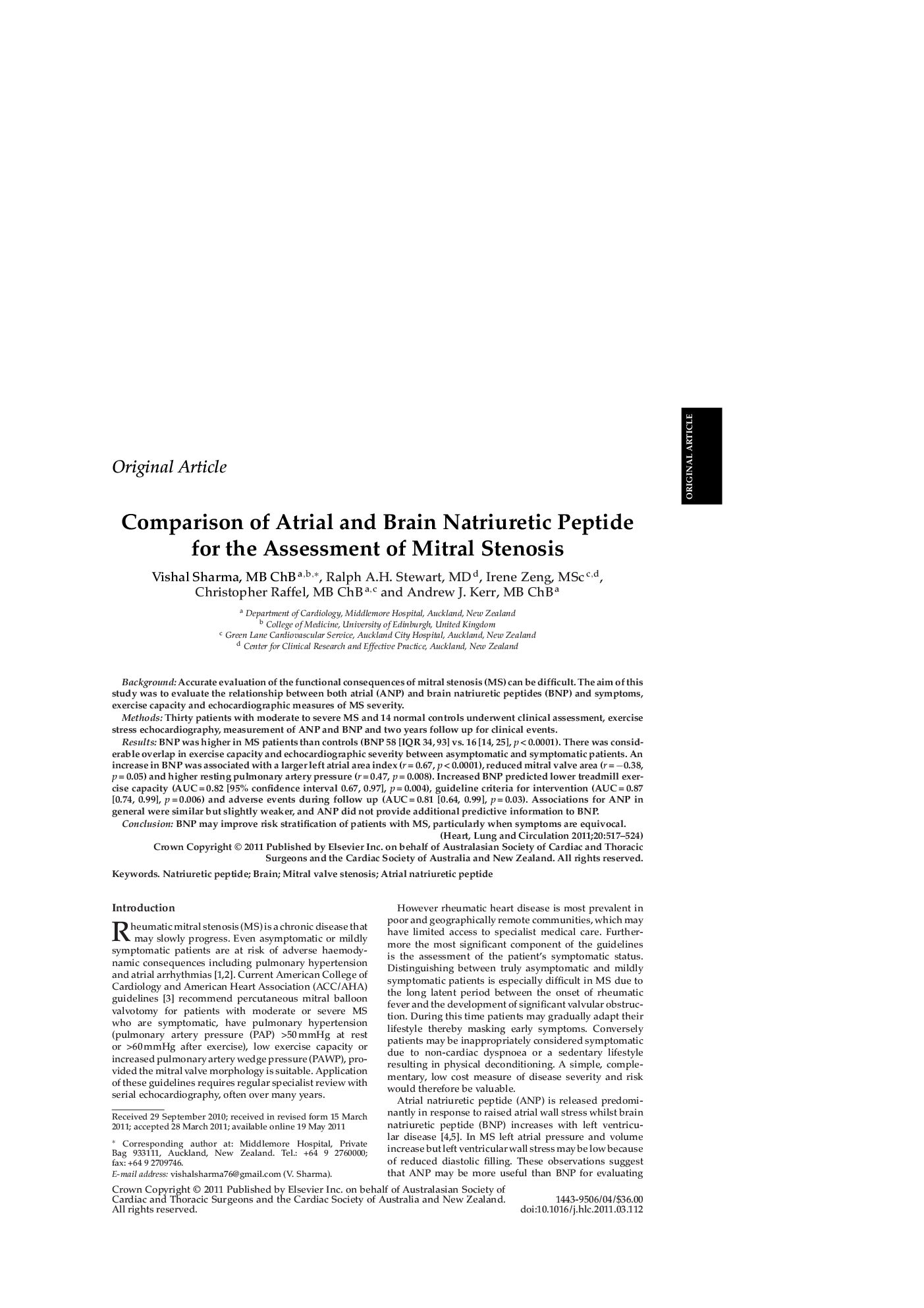 Comparison of Atrial and Brain Natriuretic Peptide for the Assessment of Mitral Stenosis