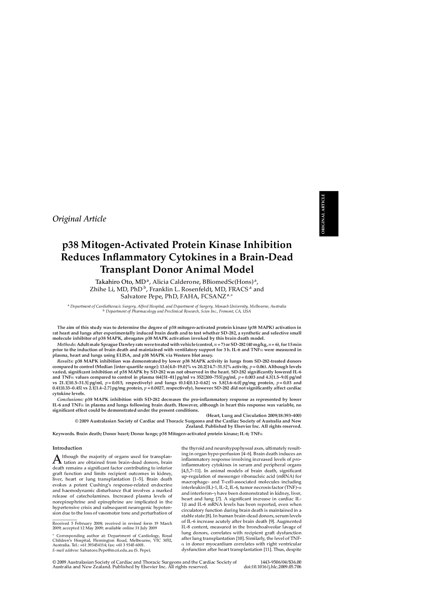 p38 Mitogen-Activated Protein Kinase Inhibition Reduces Inflammatory Cytokines in a Brain-Dead Transplant Donor Animal Model