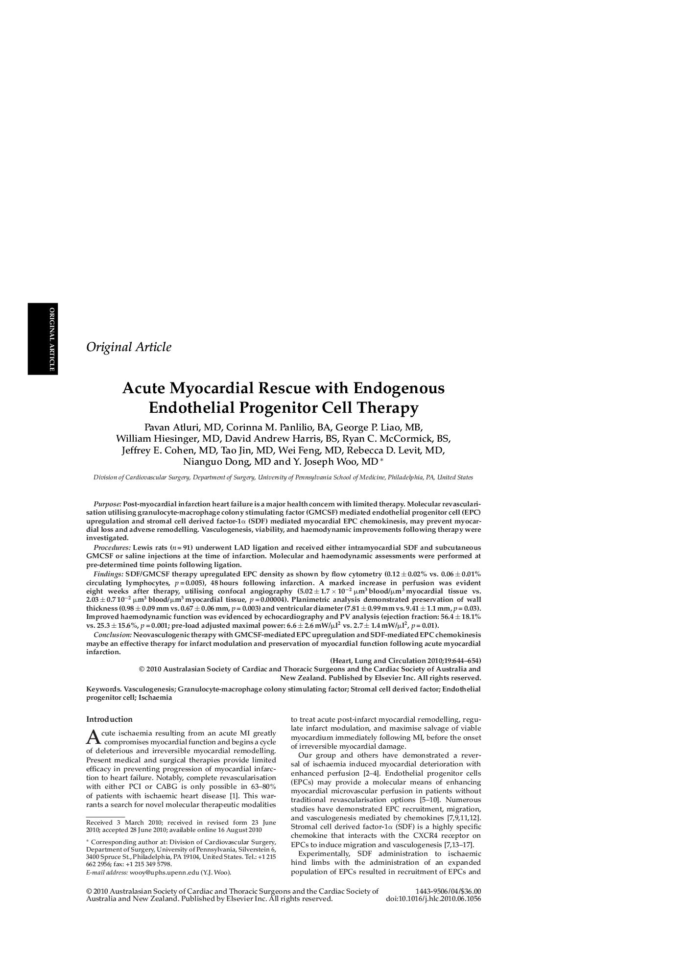 Acute Myocardial Rescue with Endogenous Endothelial Progenitor Cell Therapy