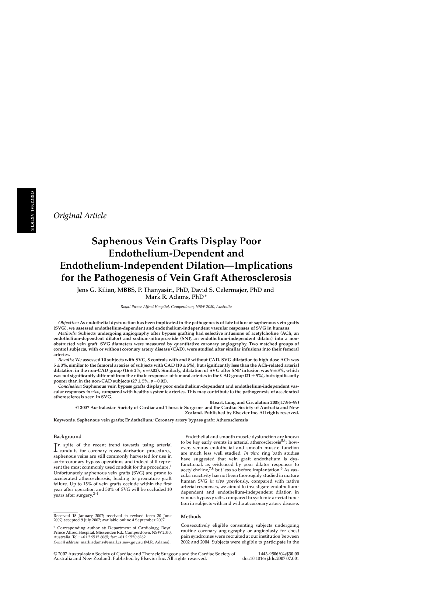 Saphenous Vein Grafts Display Poor Endothelium-Dependent and Endothelium-Independent Dilation—Implications for the Pathogenesis of Vein Graft Atherosclerosis