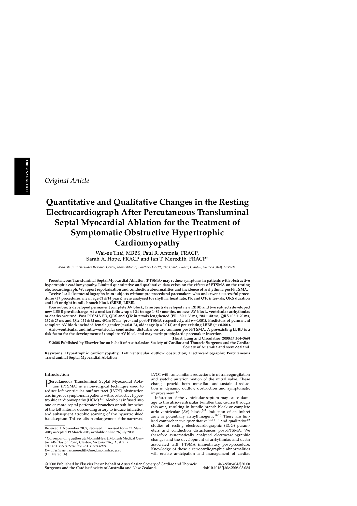 Quantitative and Qualitative Changes in the Resting Electrocardiograph After Percutaneous Transluminal Septal Myocardial Ablation for the Treatment of Symptomatic Obstructive Hypertrophic Cardiomyopathy