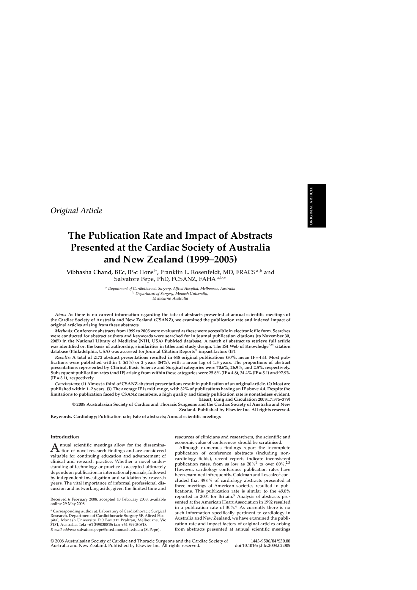 The Publication Rate and Impact of Abstracts Presented at the Cardiac Society of Australia and New Zealand (1999–2005)