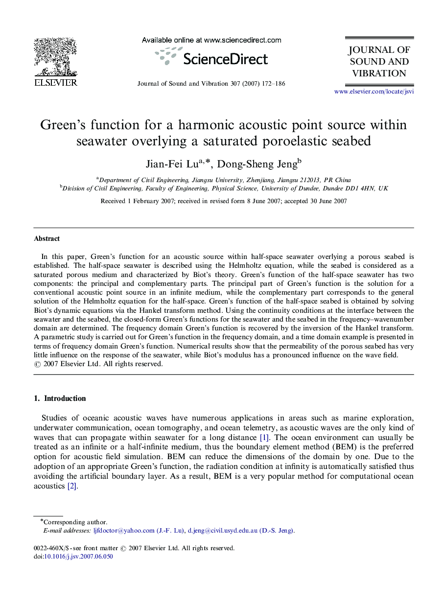 Green's function for a harmonic acoustic point source within seawater overlying a saturated poroelastic seabed