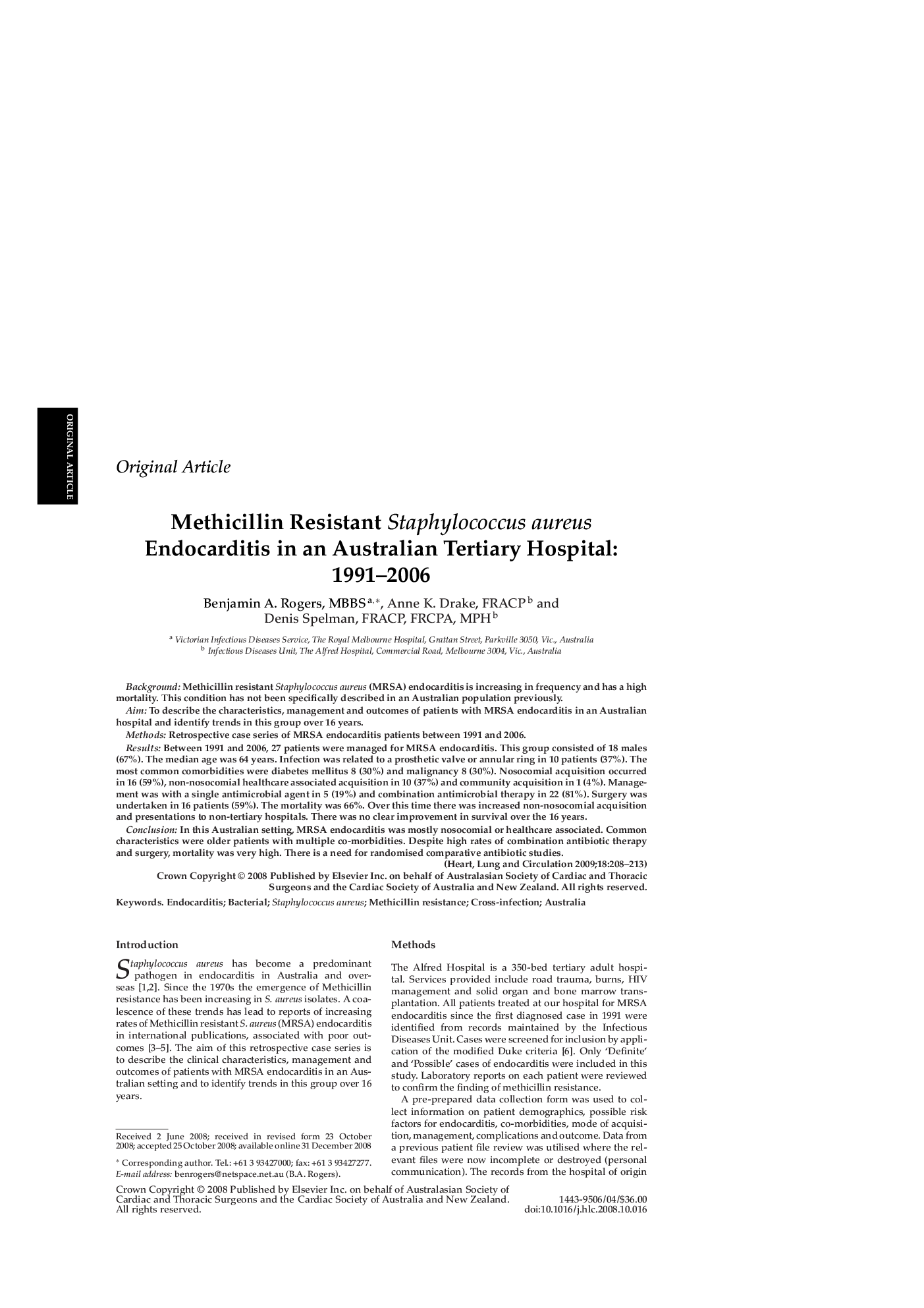 Methicillin Resistant Staphylococcus aureus Endocarditis in an Australian Tertiary Hospital: 1991-2006