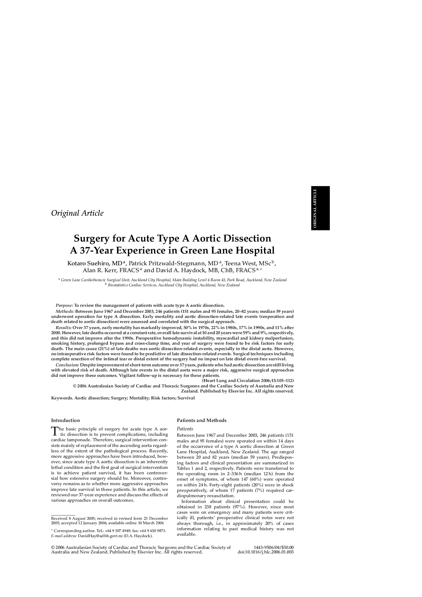 Surgery for Acute Type A Aortic Dissection: A 37-Year Experience in Green Lane Hospital