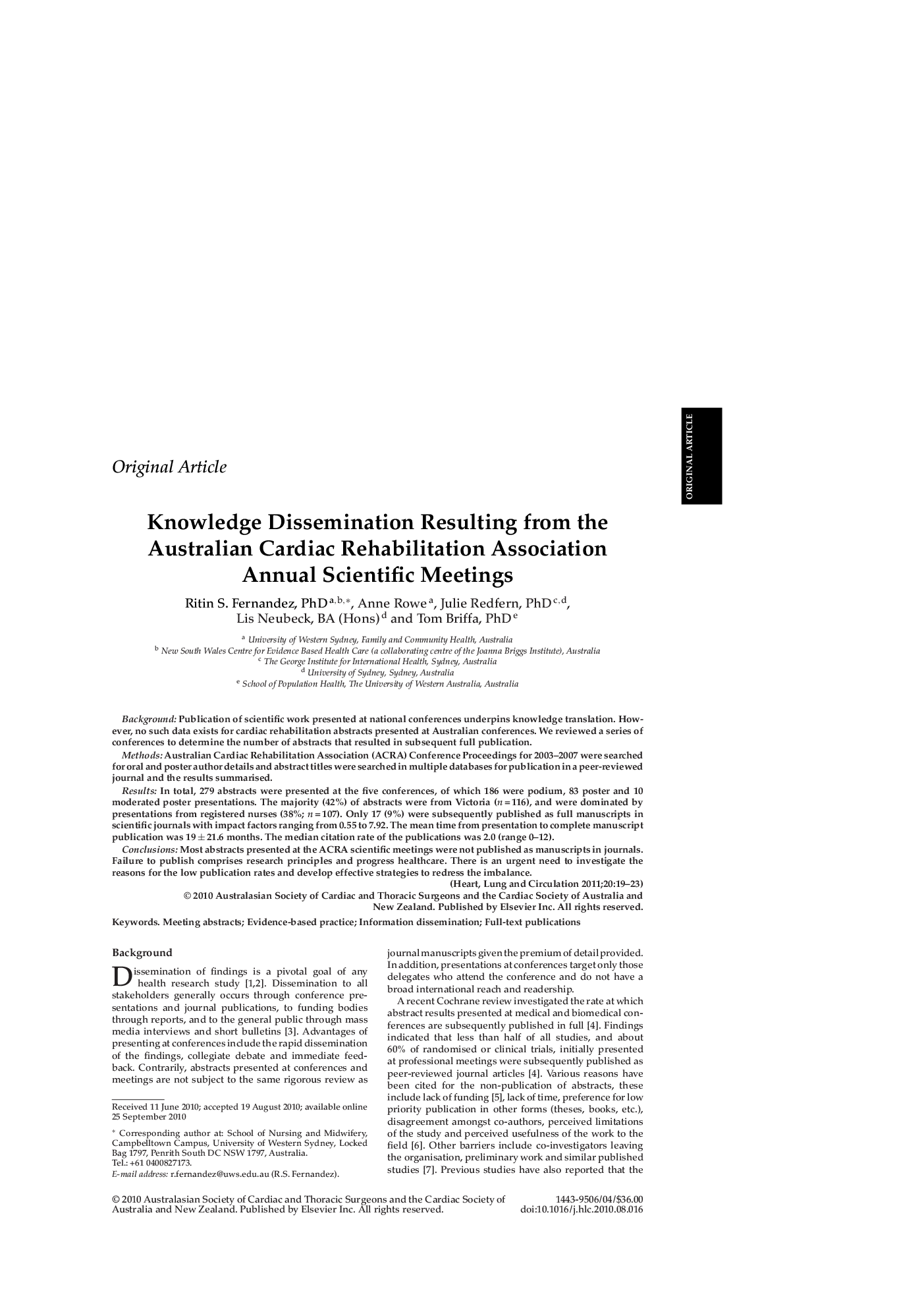 Knowledge Dissemination Resulting from the Australian Cardiac Rehabilitation Association Annual Scientific Meetings