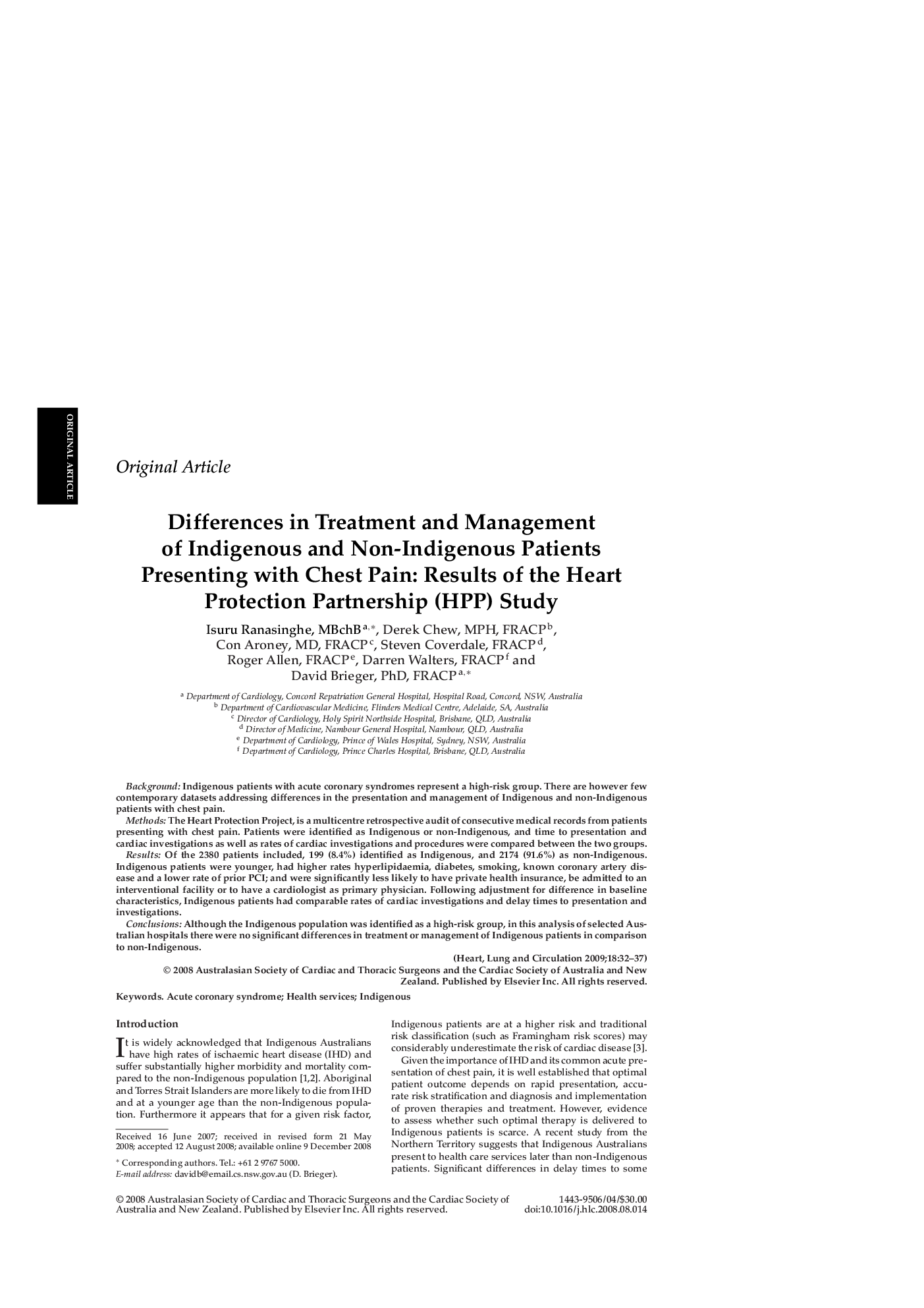 Differences in Treatment and Management of Indigenous and Non-Indigenous Patients Presenting with Chest Pain: Results of the Heart Protection Partnership (HPP) Study