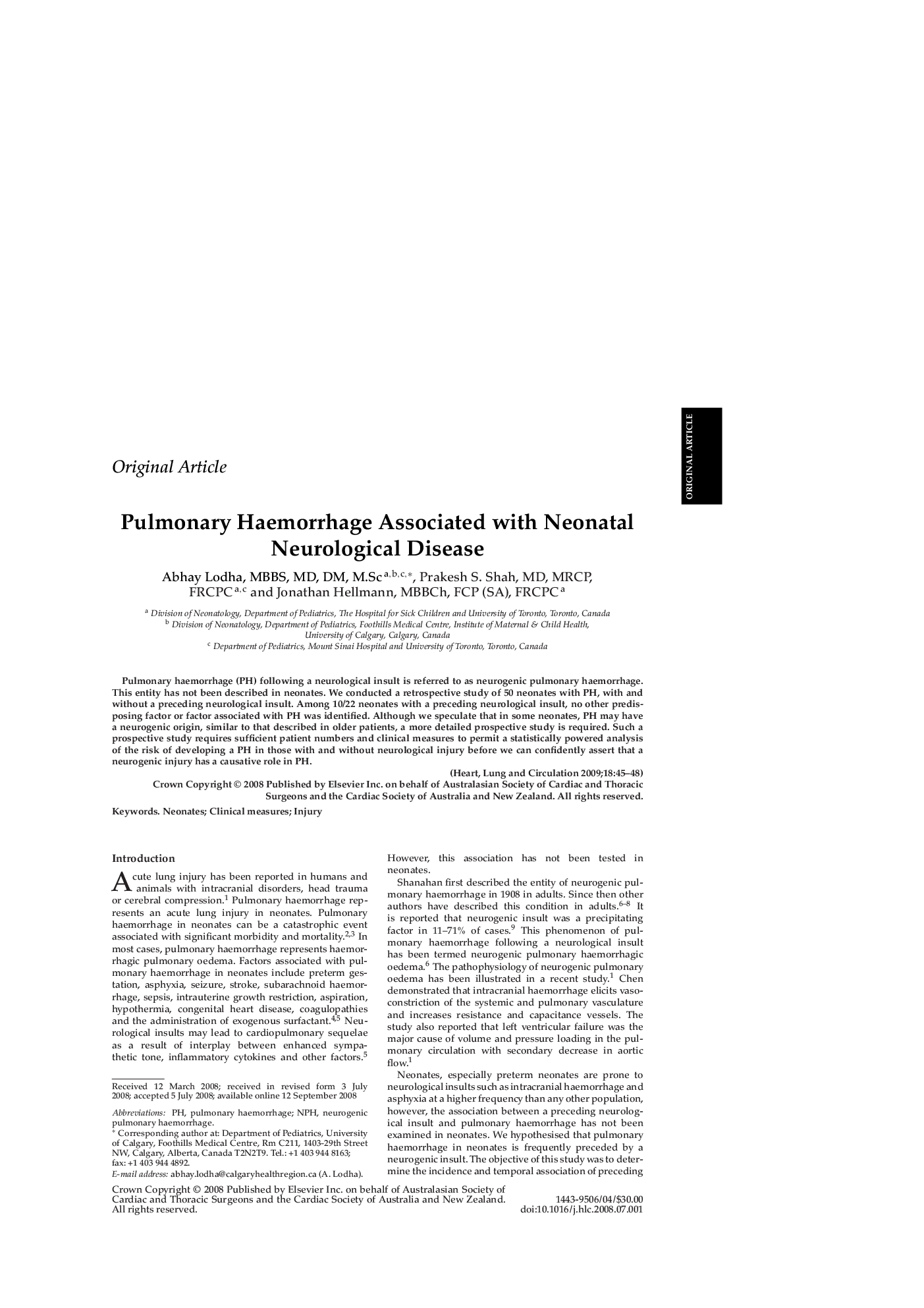 Pulmonary Haemorrhage Associated with Neonatal Neurological Disease