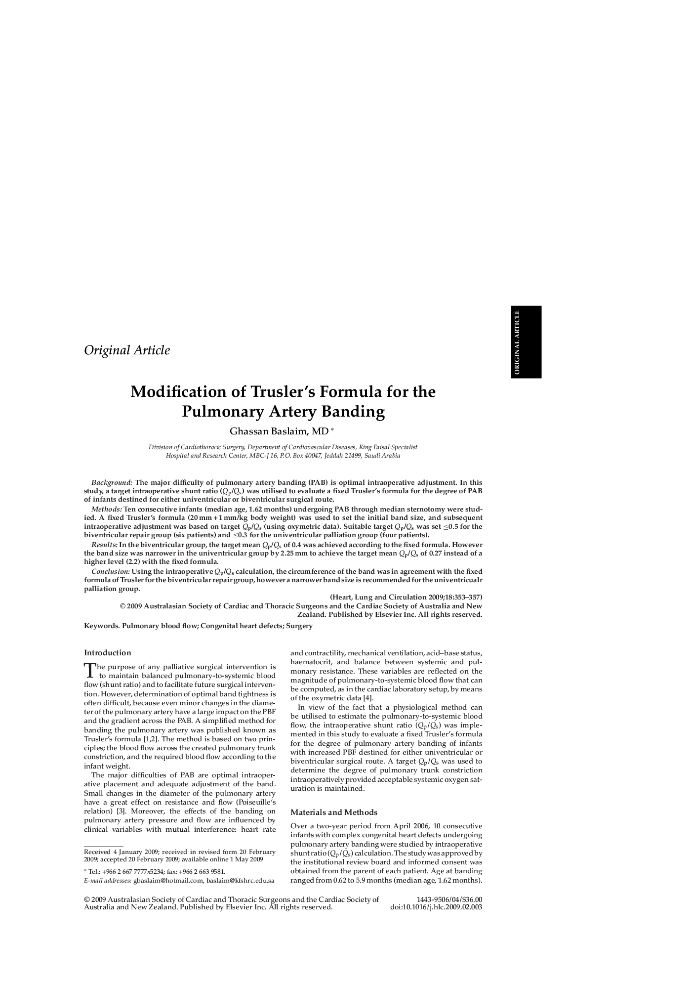 Modification of Trusler's Formula for the Pulmonary Artery Banding