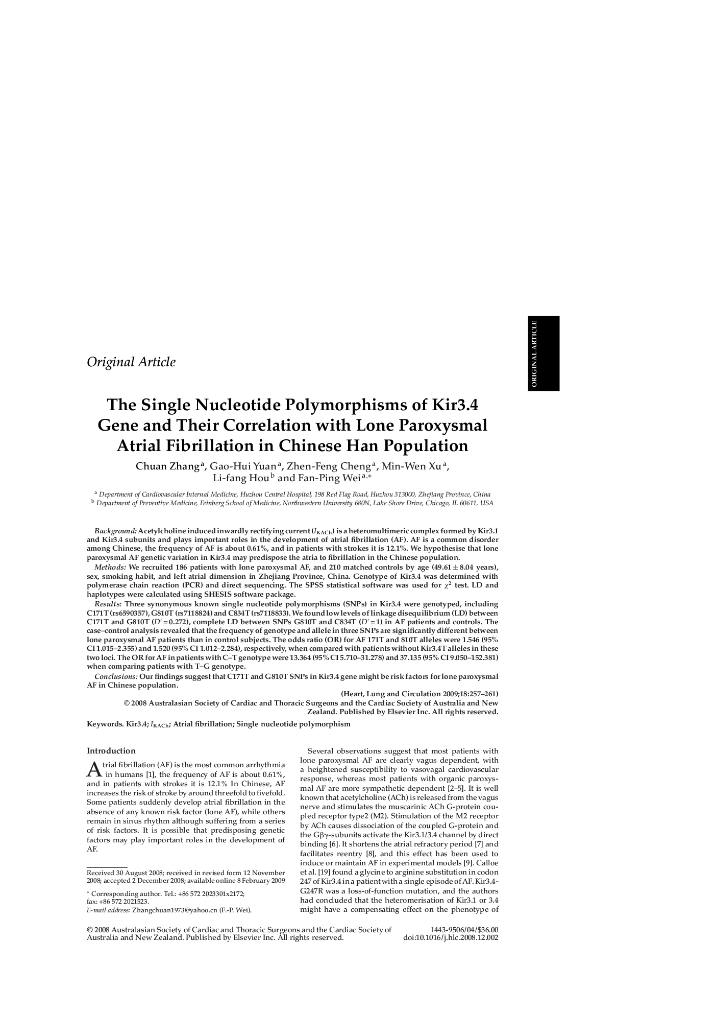 The Single Nucleotide Polymorphisms of Kir3.4 Gene and Their Correlation with Lone Paroxysmal Atrial Fibrillation in Chinese Han Population