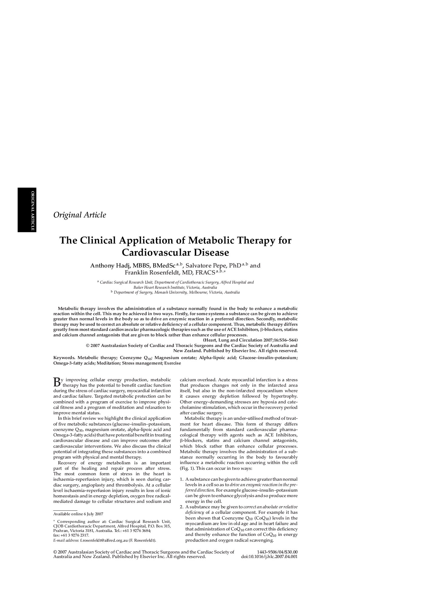 The Clinical Application of Metabolic Therapy for Cardiovascular Disease