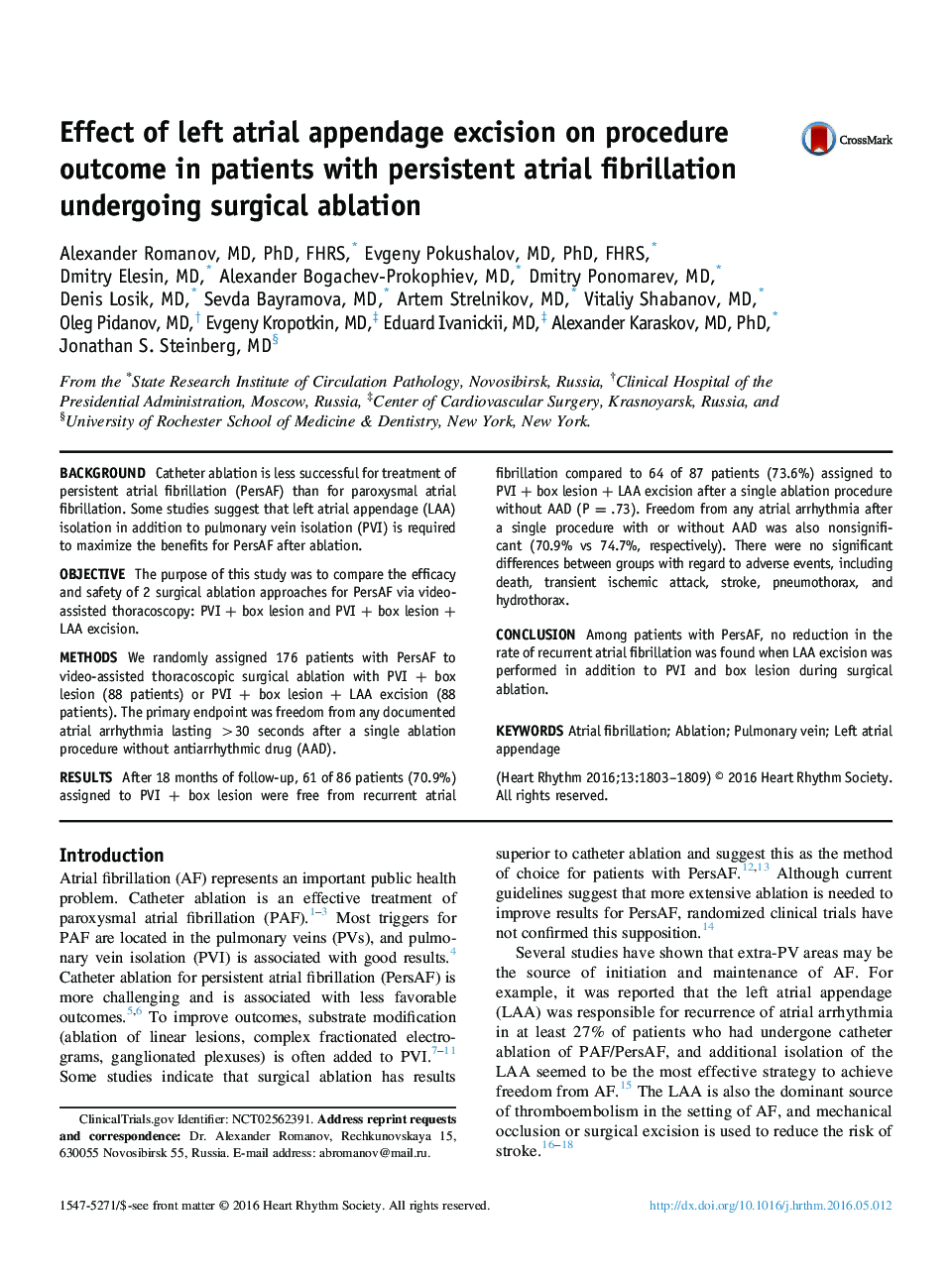 Effect of left atrial appendage excision on procedure outcome in patients with persistent atrial fibrillation undergoing surgical ablation 