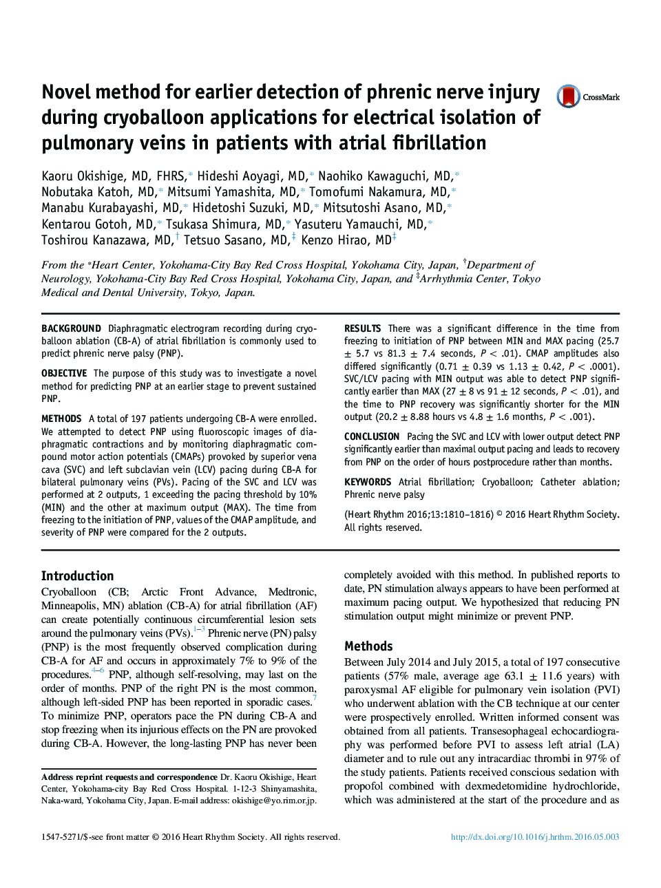 Novel method for earlier detection of phrenic nerve injury during cryoballoon applications for electrical isolation of pulmonary veins in patients with atrial fibrillation