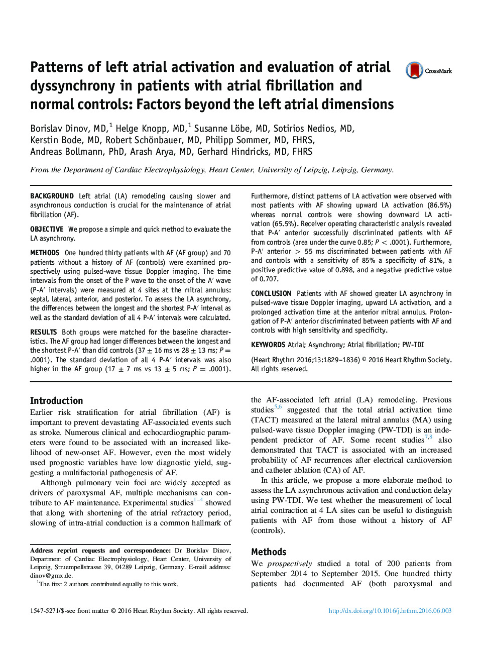 Patterns of left atrial activation and evaluation of atrial dyssynchrony in patients with atrial fibrillation and normal controls: Factors beyond the left atrial dimensions