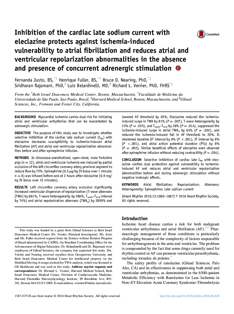 Inhibition of the cardiac late sodium current with eleclazine protects against ischemia-induced vulnerability to atrial fibrillation and reduces atrial and ventricular repolarization abnormalities in the absence and presence of concurrent adrenergic stimu