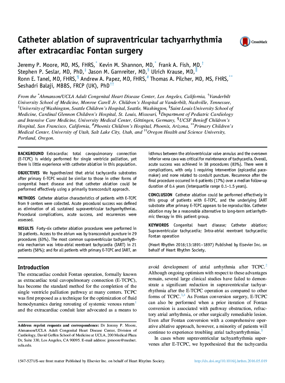 Catheter ablation of supraventricular tachyarrhythmia after extracardiac Fontan surgery