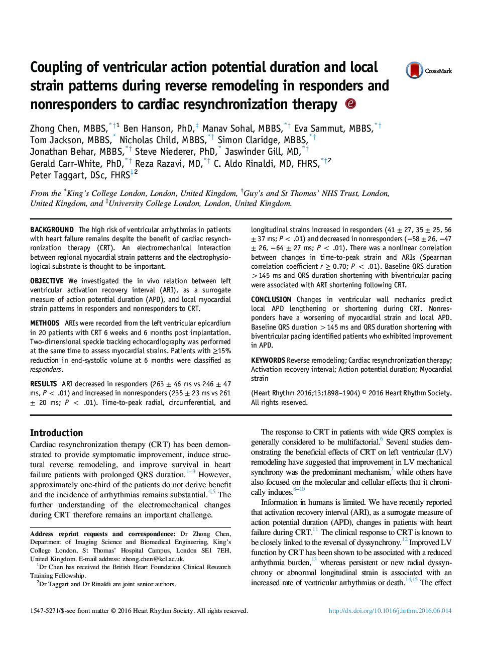 Coupling of ventricular action potential duration and local strain patterns during reverse remodeling in responders and nonresponders to cardiac resynchronization therapy