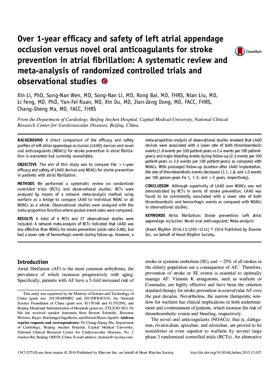 Over 1-year efficacy and safety of left atrial appendage occlusion versus novel oral anticoagulants for stroke prevention in atrial fibrillation: A systematic review and meta-analysis of randomized controlled trials and observational studies 