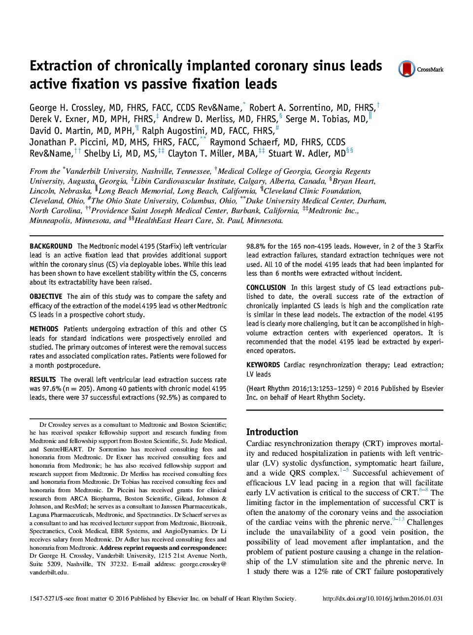 Extraction of chronically implanted coronary sinus leads active fixation vs passive fixation leads 