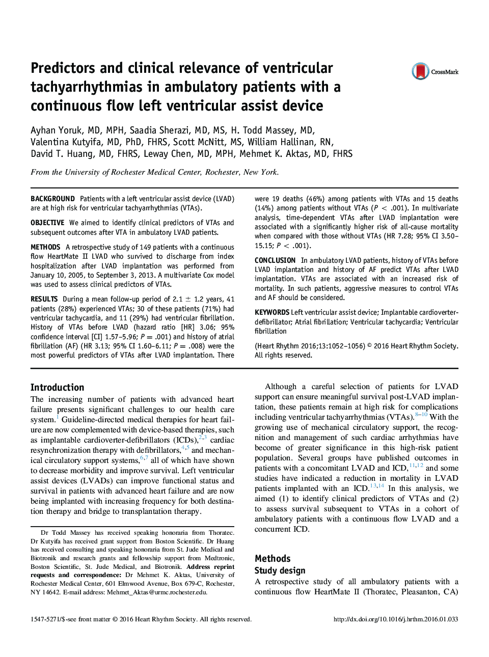 Predictors and clinical relevance of ventricular tachyarrhythmias in ambulatory patients with a continuous flow left ventricular assist device 