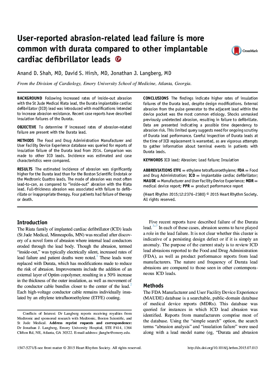 User-reported abrasion-related lead failure is more common with durata compared to other implantable cardiac defibrillator leads 