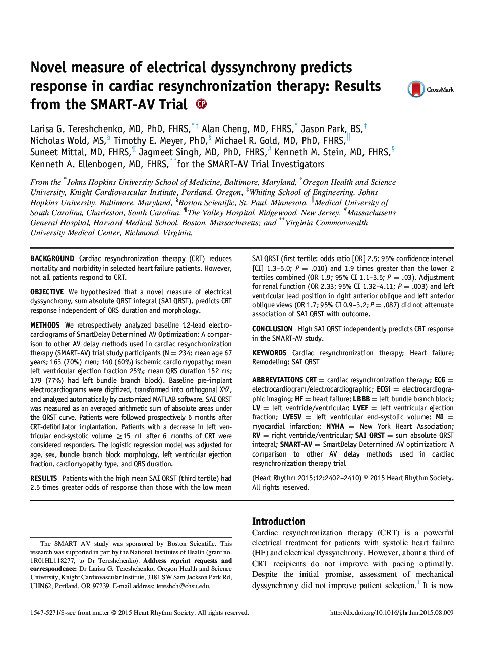 Novel measure of electrical dyssynchrony predicts response in cardiac resynchronization therapy: Results from the SMART-AV Trial 