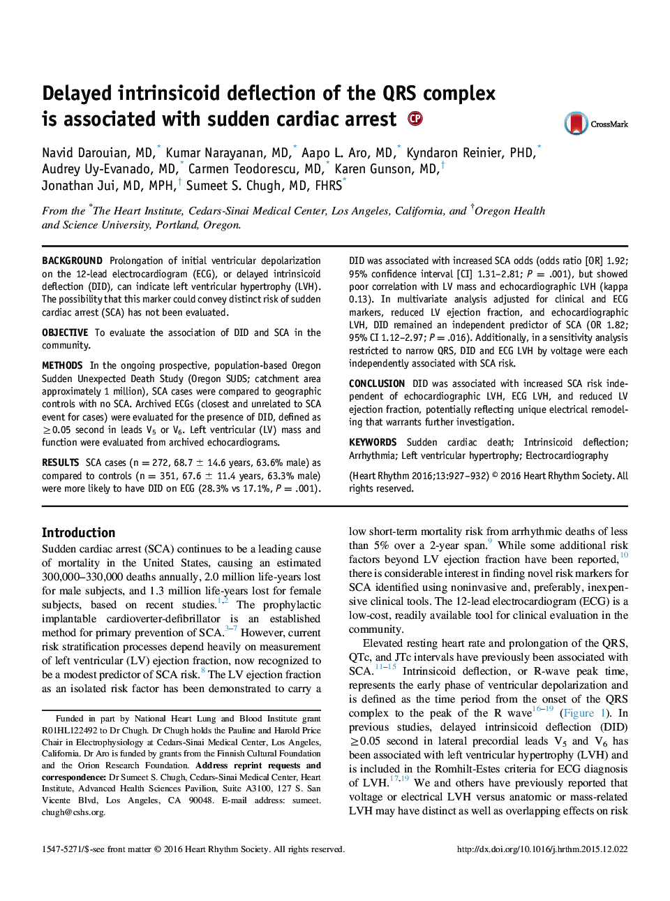 Delayed intrinsicoid deflection of the QRS complex is associated with sudden cardiac arrest