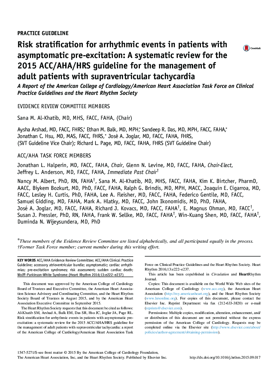 Risk stratification for arrhythmic events in patients with asymptomatic pre-excitation: A systematic review for the 2015 ACC/AHA/HRS guideline for the management of adult patients with supraventricular tachycardia