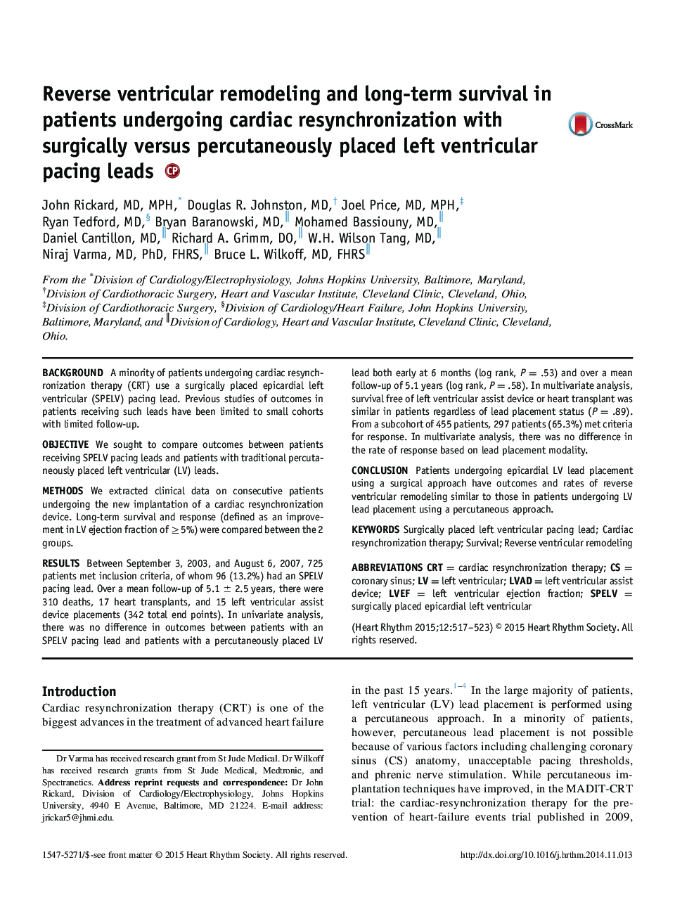 Reverse ventricular remodeling and long-term survival in patients undergoing cardiac resynchronization with surgically versus percutaneously placed left ventricular pacing leads 