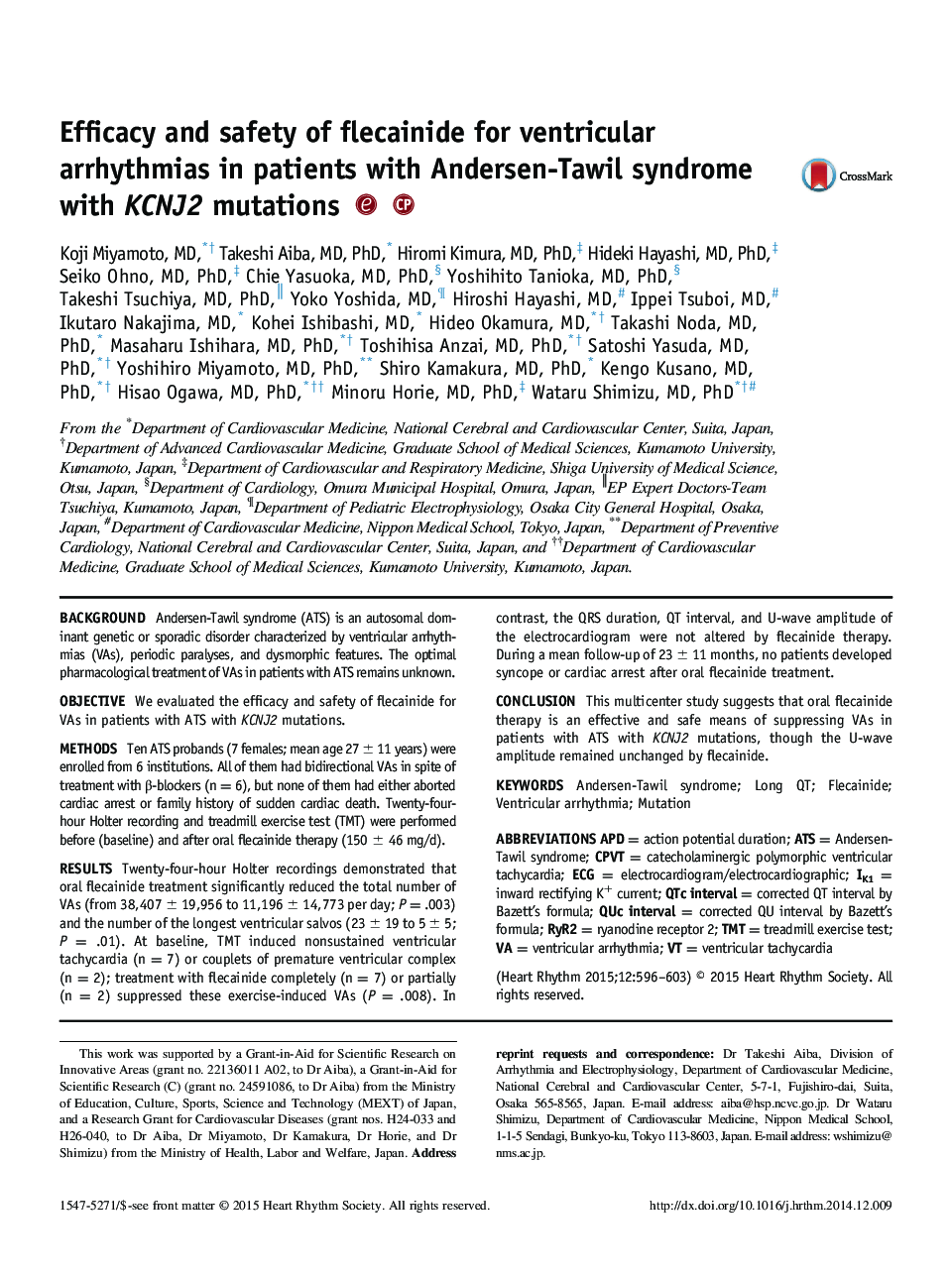 Efficacy and safety of flecainide for ventricular arrhythmias in patients with Andersen-Tawil syndrome with KCNJ2 mutations 