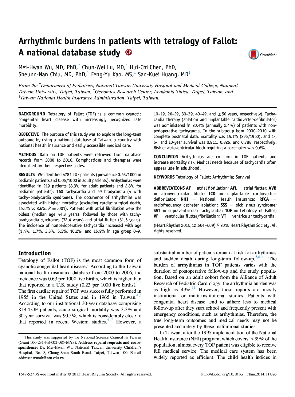 Arrhythmic burdens in patients with tetralogy of Fallot: A national database study 