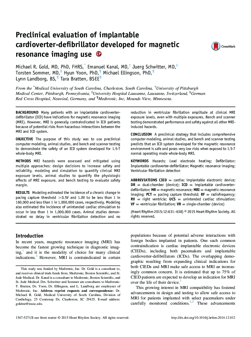 Preclinical evaluation of implantable cardioverter-defibrillator developed for magnetic resonance imaging use 