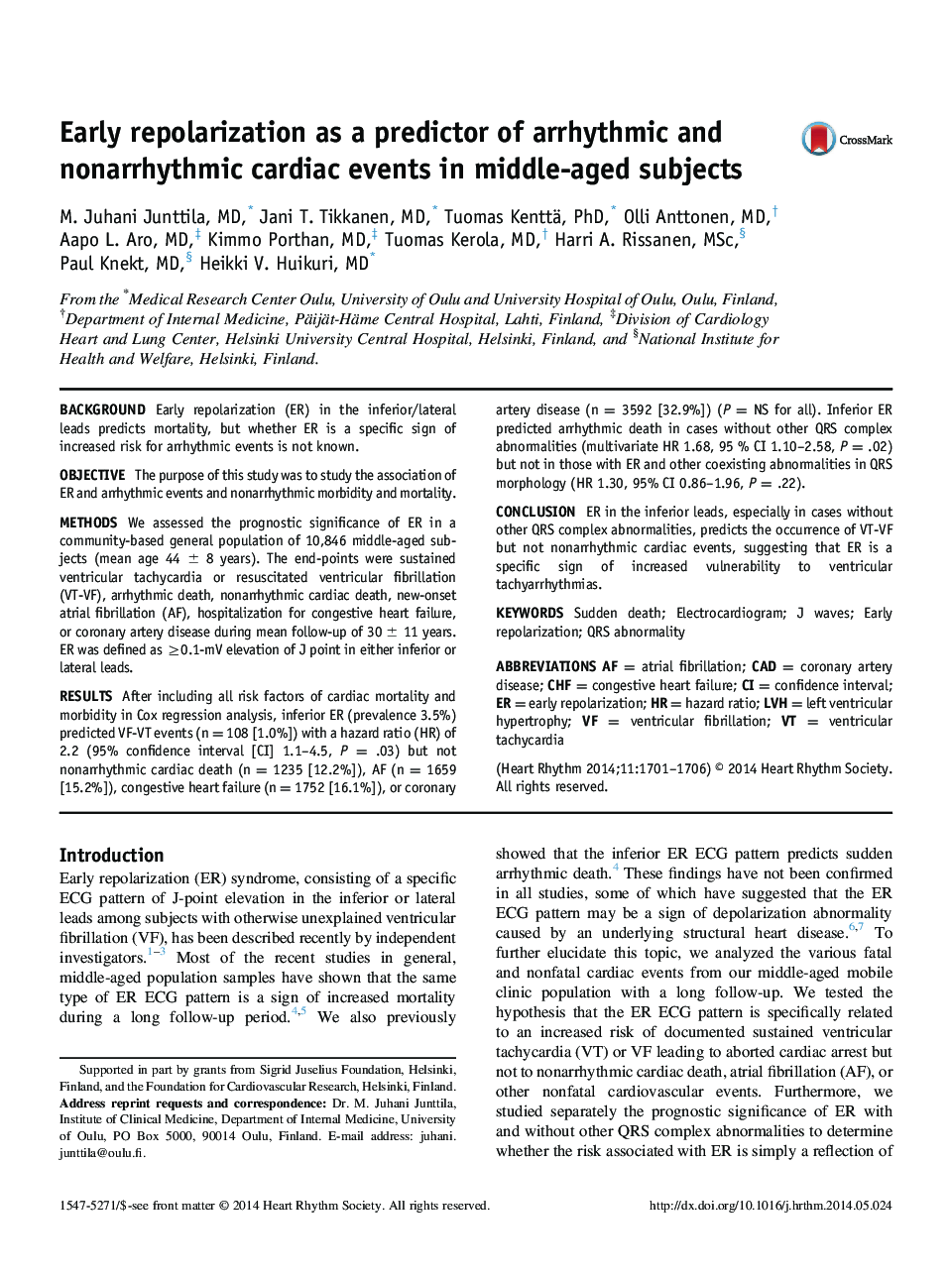 Early repolarization as a predictor of arrhythmic and nonarrhythmic cardiac events in middle-aged subjects 