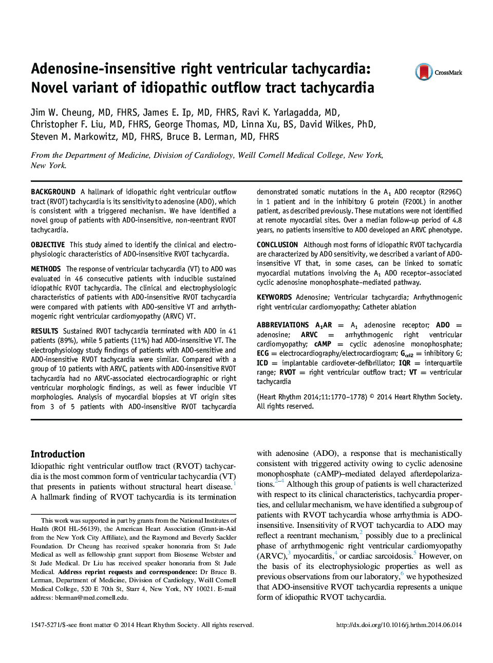 Adenosine-insensitive right ventricular tachycardia: Novel variant of idiopathic outflow tract tachycardia 